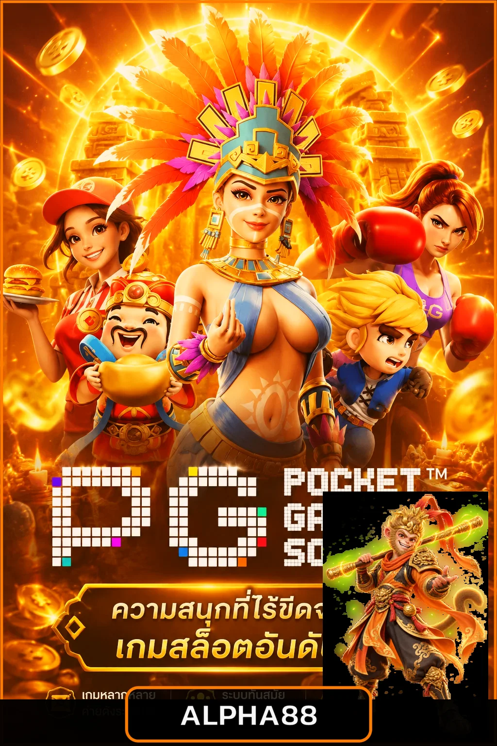 ALPHA88 ทดลองเล่น PG Soft Pragmatic และ AskMeSlot ภาพประกอบโทนส้มดำพร้อมมาสคอตเกม