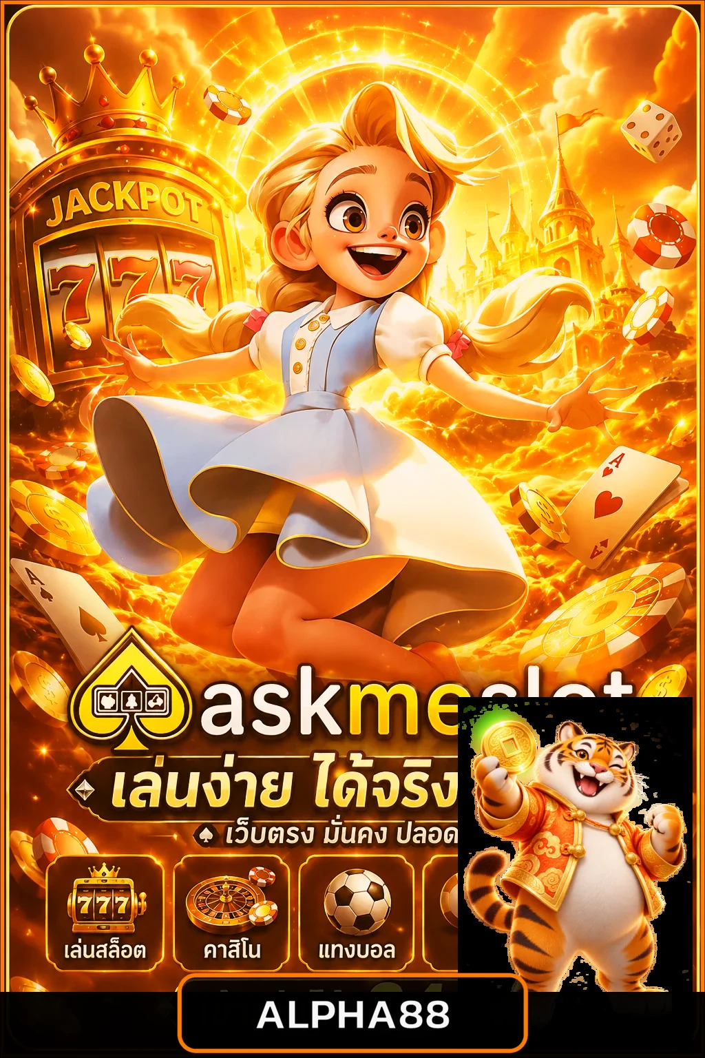 ALPHA88 ทดลองเล่น PG Soft Pragmatic และ AskMeSlot ภาพประกอบโทนส้มดำพร้อมมาสคอตเกม